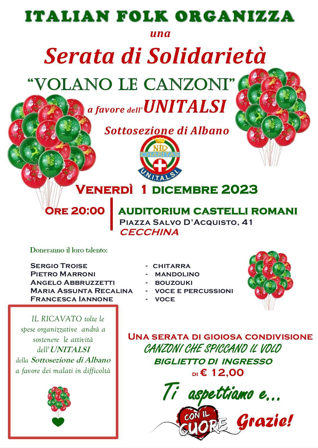 Evento beneficenza Unitalsi Albano serata di beneficenza volano canzoni