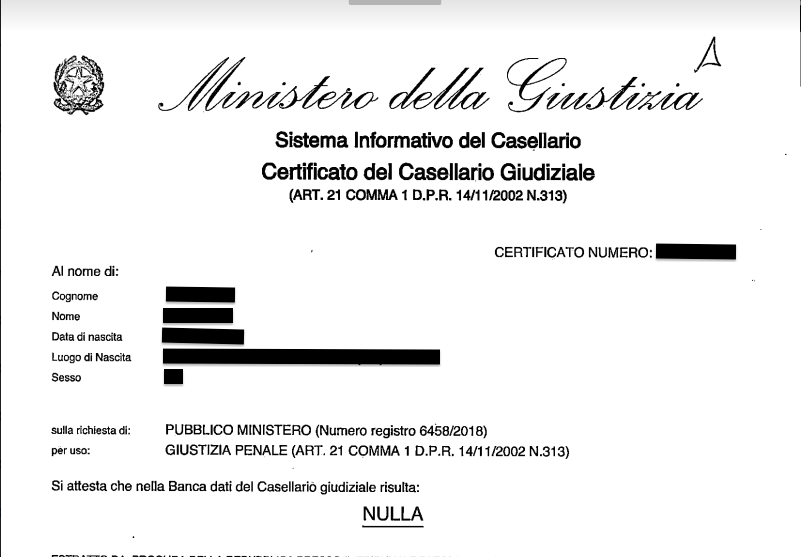 Certificato del Casellario Giudiziale