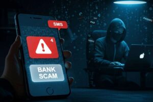 Scam sms e un hacker sullo sfondo